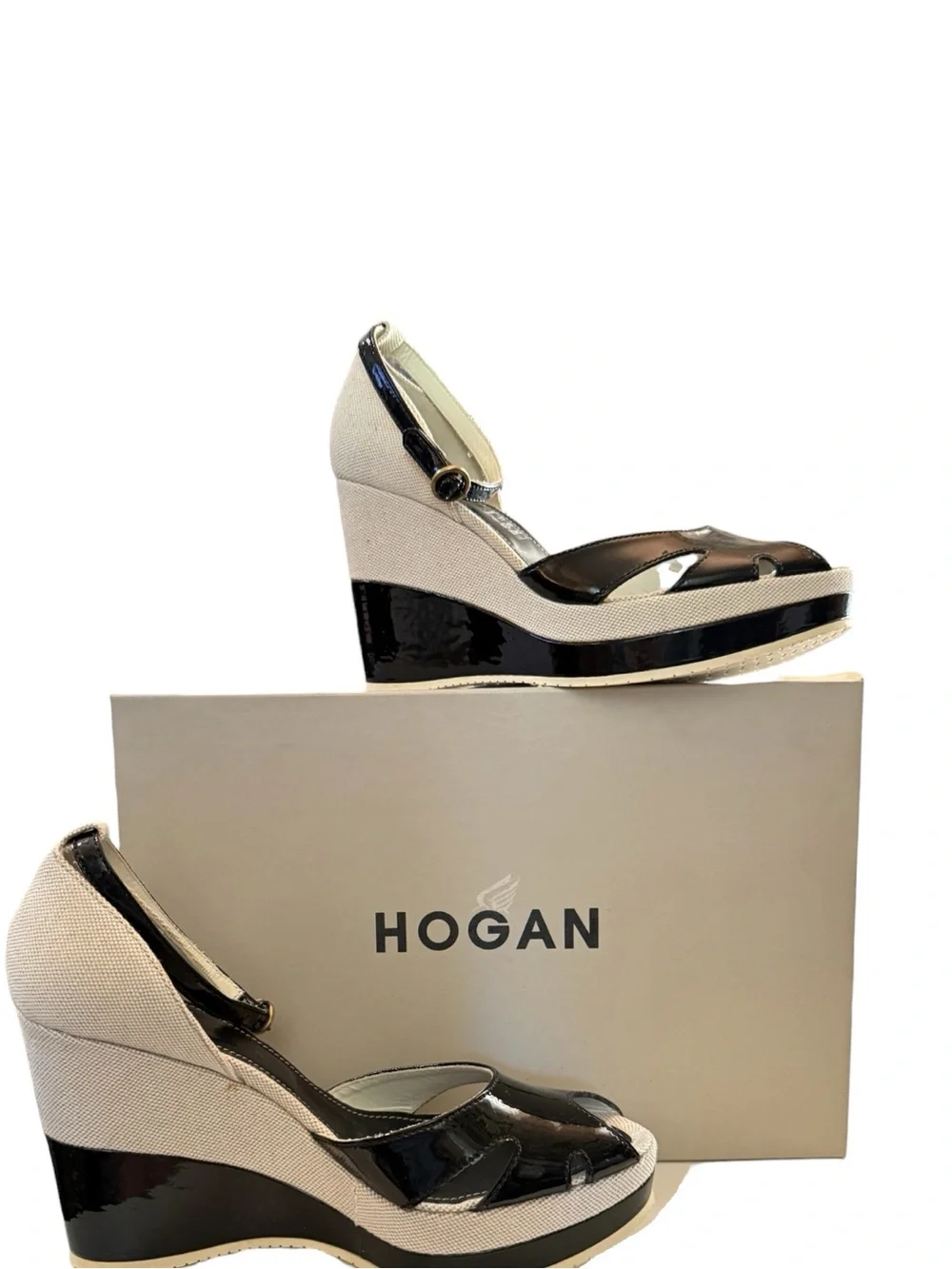 Hogan Block Sandal Ankle Strap Black Ivory EU 39 US 8 NIB